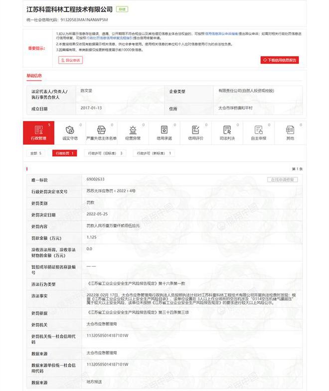 开云官网首页：江苏科雷科林工程技术有限公司未按照要求进行较大以上风险公示被处罚(图1)